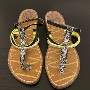 Neon and patterned sandals.